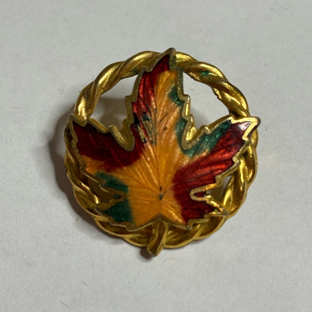 Vintage Enamel Leaf Pin Brooch Fall Colors Orange and Red Gold Tone